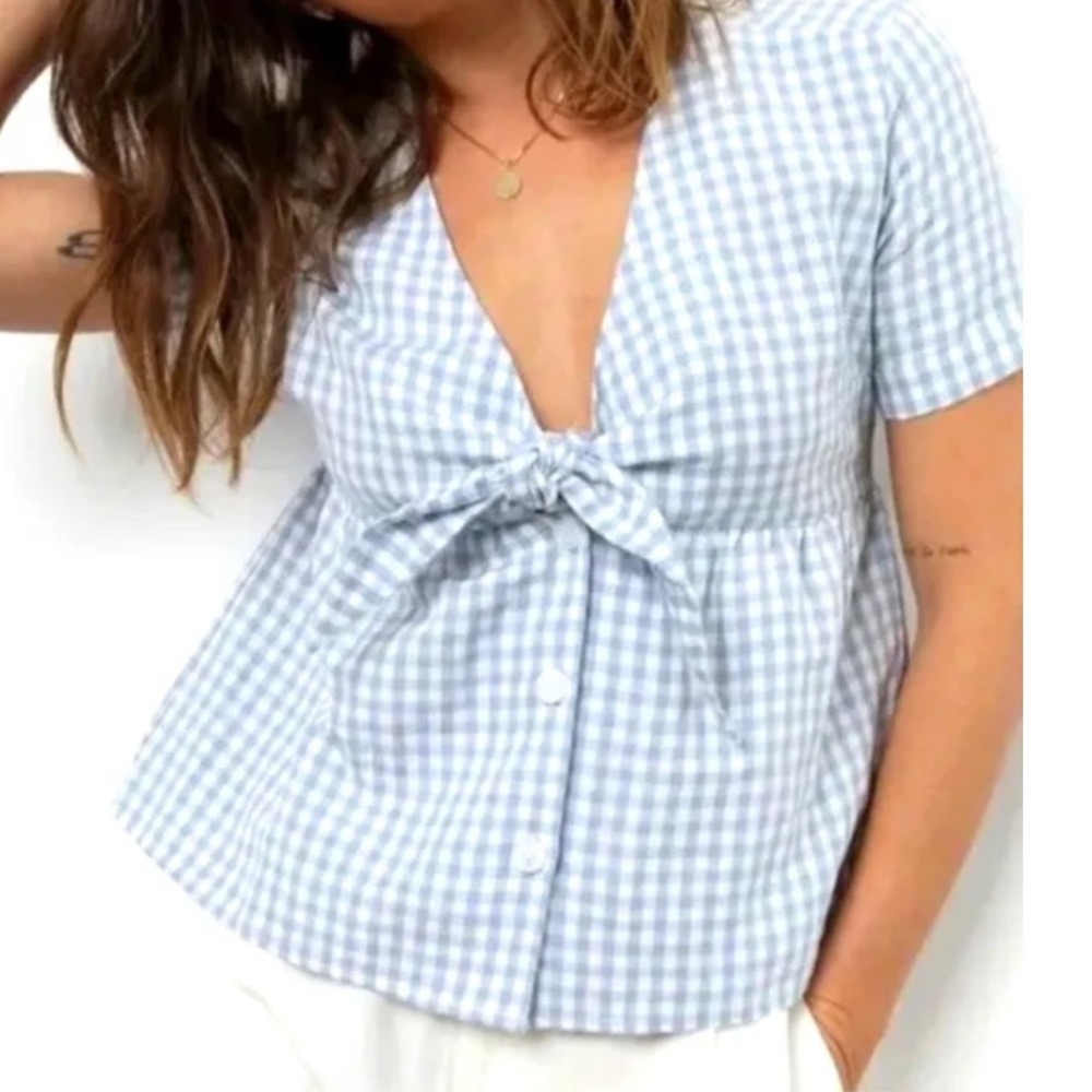 Rails Blue Gingham Linen Blend Tie Front Peplum Top Blouse Medium